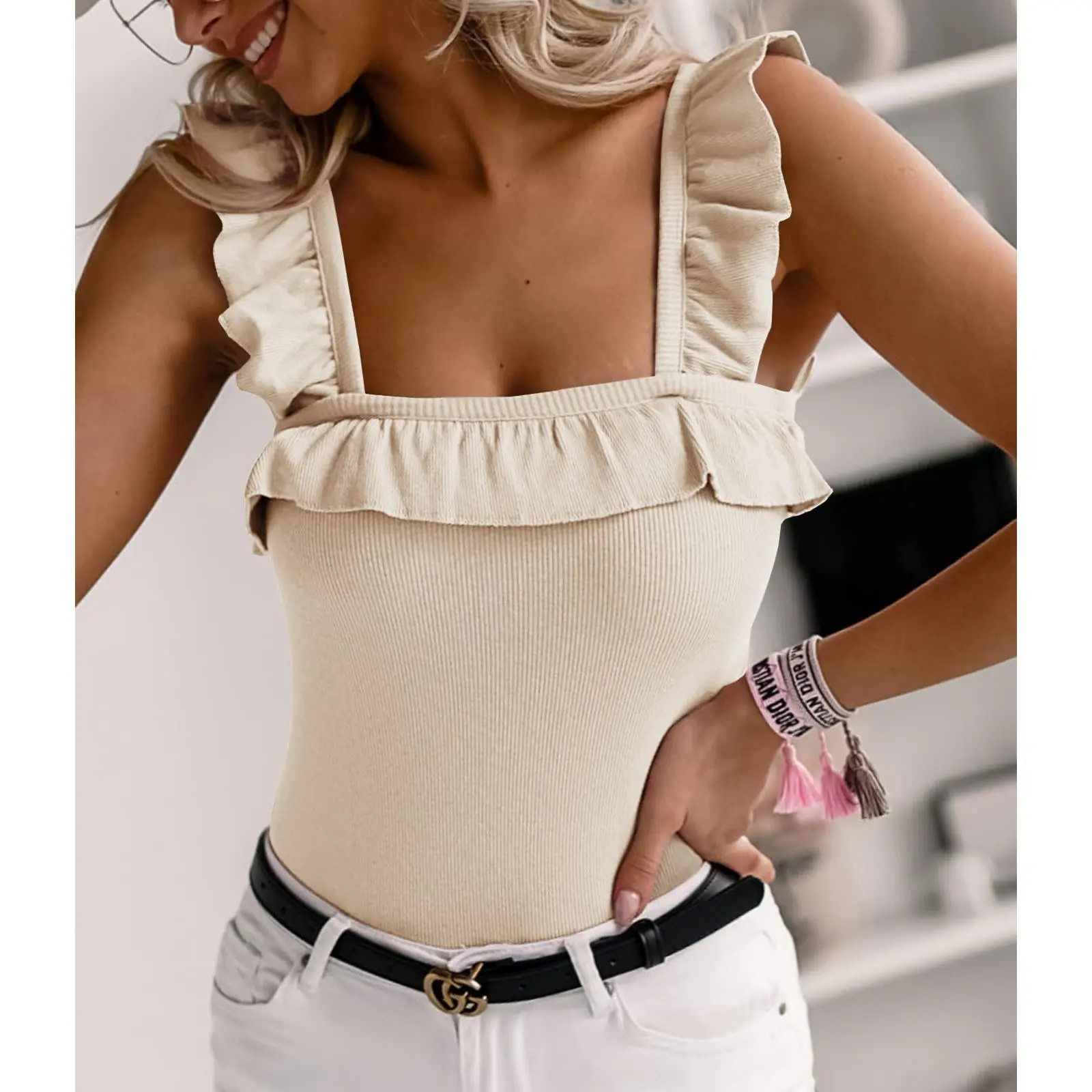 Imily Bela Tank Tops for Women Women Cute Sleeveless Tank Top Ruffle Strap Neck Blouse Solid Cropped Tank Top