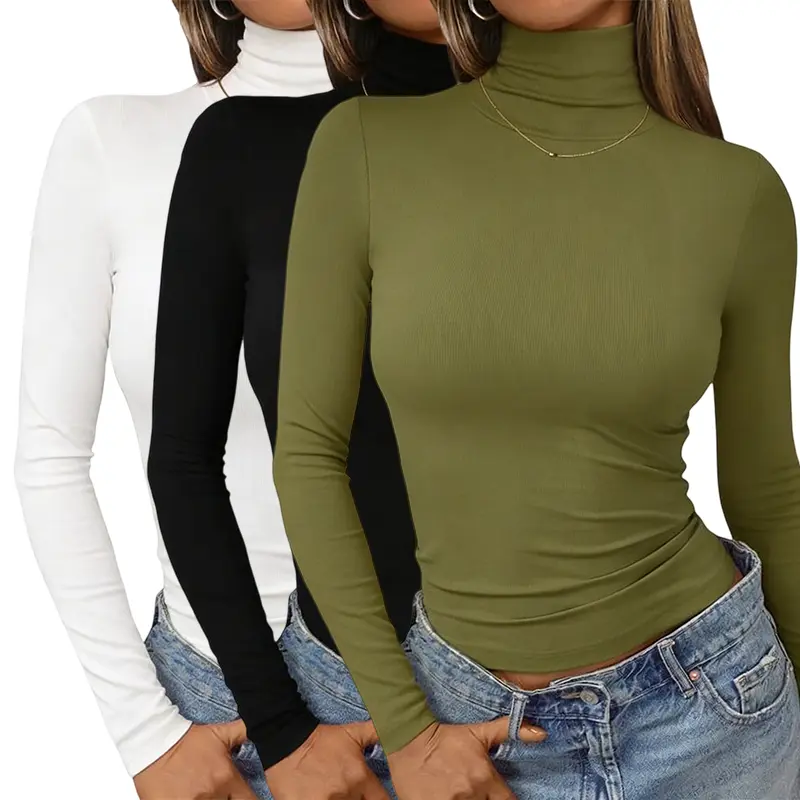 Women’s 3-Pack Faux Wool Thermal Base Tops - Casual Soft Faux Wool Crop Basic Tees, Turtleneck Long Sleeve, Warm Lined, Slim Fit Stretchy Fabric for Everyday Wear