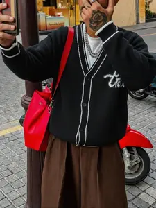 Men's Street Style V-Neck Button Striped Knit Cardigan Knitwear, Casual Loose Fit Fashion Jacket for Spring Fall Winter, Daily Wear Club Home Work