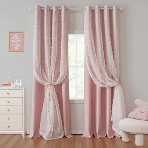 Curtain for Girl's Room, Pom-Pom Transparent Blackout 2-Layer Curtain, Suitable for Toddler Ring Hooks, Kids Bedroom Decor