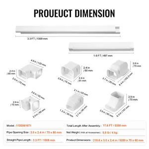 VEVOR Mini Split Line Set Cover 3-inch W 17.6Ft L, PVC Decorative Pipe Line Cover For Air Conditioner with 4 Straight Ducts Full Components Easy to Install, Paintable for Heat Pumps, White