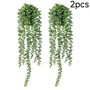 2Pcs Fake Plants Indoor Artificial String of Pearls Plant in Black Pots, Realistic Green Fake Hanging Plants for Shelf Decor Desk Home Garden Decorations, UV-resistant, House Plants Decor, Outdoor Decorations, Balcony Decorations