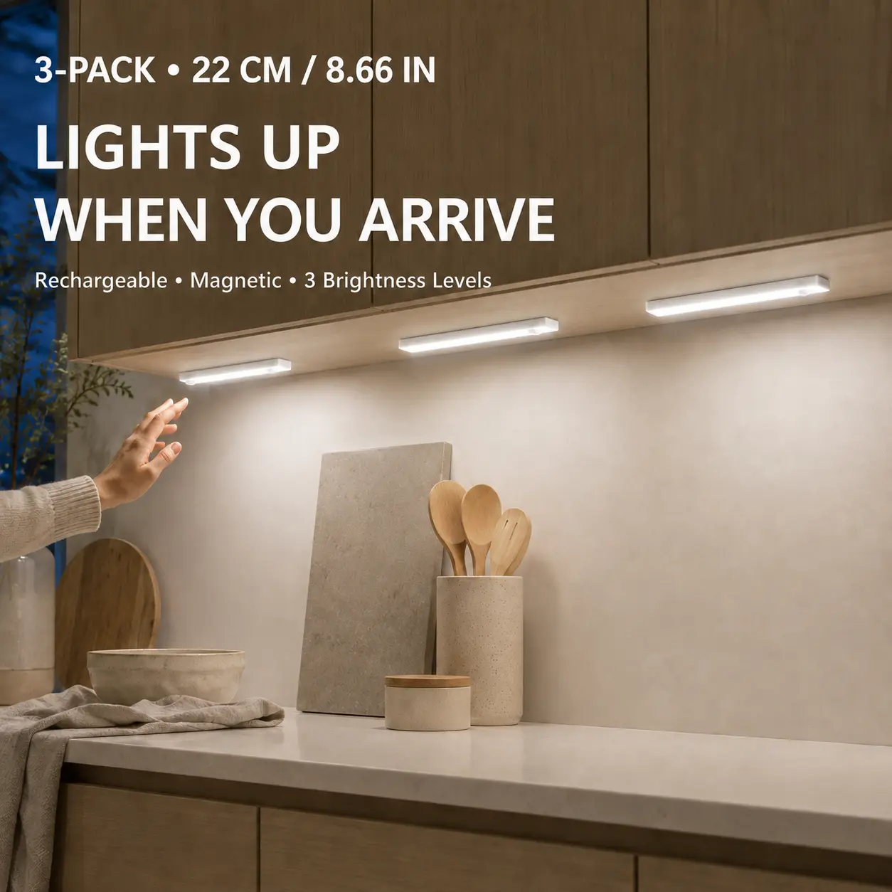 3-Pack Motion Sensor Under Cabinet Lights, 8.66-Inch Rechargeable LED Closet Lights with 3 Brightness Levels and Magnetic Mounting for Kitchen, Stairs, Pantry and Wardrobe