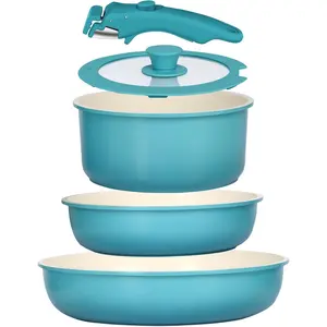 5 count Pots and Pans Set Non Stick, Nonstick Cookware Set Detachable Handle, Ceramic Pots for Cooking Non Stick with Removable Handle, RV Cookware Set for  Stoves, Light Blue Gradient