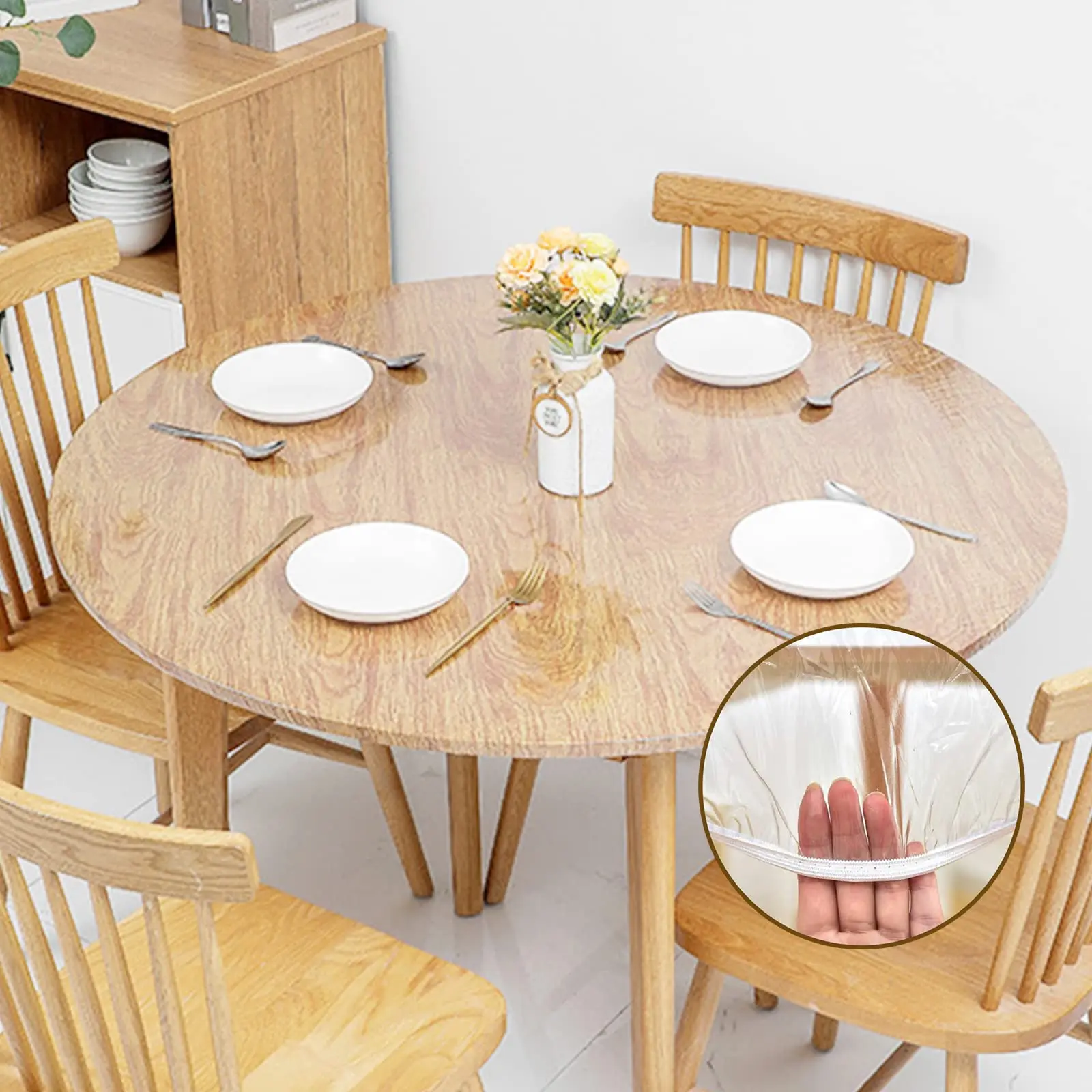 45-55 In Pvc Elastic Table Cover  Clear Waterproof Plastic Round Tablecloth Vinyl Protector For Durable Reusable Transparent Wipeable Use Outdoor/indoor