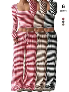 2026 Spring Summer Women's Striped Ribbed Knit 2 Piece Outfit - Square Neck Long Sleeve Fitted Crop Top & Drawstring Wide Leg Pants Set with Pockets, Soft Skin-Friendly Loungewear for Casual Daily & Lounge Wear