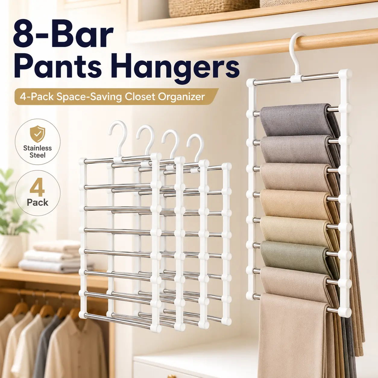 4-Pack Folding Pant Hanger Organizer - 8-Bar Multi-Layer 54cm×36cm Space Saver Hangers, Laundry Hanging Clothes Organizer for Compact Closet Organization, Jeans, Slacks, Towels, Rubber