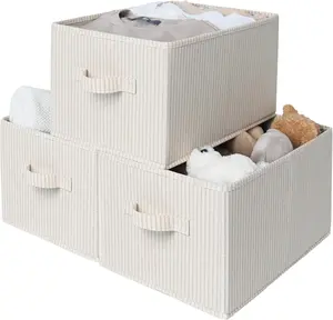 Foldable Large 3-Pack Beige Stripes Fabric Shelf Organizer Bins, Closet Storage Baskets for Storing Clothes on Shelves