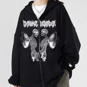 European and American dark skull skeleton sweatshirt men's and women's hoodies goth couple Harajuku large size zipper sweater