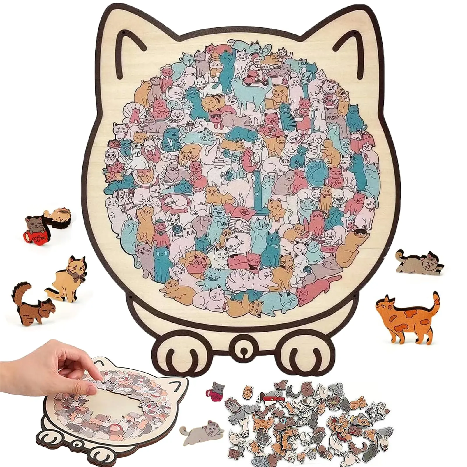 135 Pcs Cat Shaped Wooden Jigsaw Puzzles with Stand and Acrylic Cover, Cute Cats Animal Puzzle for Adults, Gift for Cats Lovers Home Decor & Stress Relief
