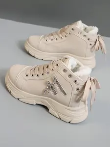 Women's Fashionable Lace Up Side Zipper Design Snow Boots, Casual Warm Thick Sole Height Increase Boots for Winter, Female All-match Round Toe Shoes for Daily Wear, Bootlace Lace Up