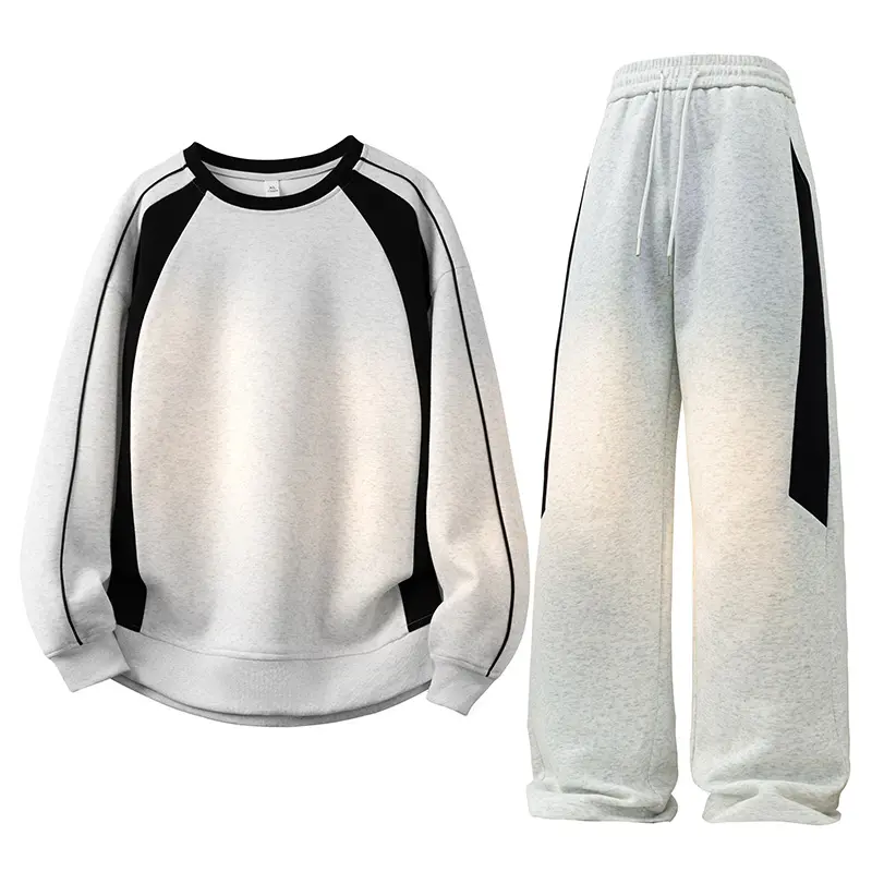 Unisex 2-Piece Polyester Universal Sport Tracksuit Set - Contrast Block Crew Neck Top, Matching Track Pants, Loose Fit Casual Outfit, Machine Washable for Daily Wear, Two Piece Set, Matching Sets