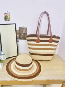 2pcs Women's Colorful Striped Woven Shoulder Bag and Wide Brim Sun Hat, Casual Lightweight Tote Bag Beach Bags Foldable Large Capacity Set, Ideal for Summer Outings Beach Vacations and Outdoor Parties