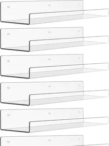 6 Pack Acrylic Shelves for Wall Storage, 15" x 4“ Floating Bookshelves for Kids, Display Shelf Organizer for Bathroom, Bedroom, Living Room, Kitchen, Room Decor, Clear