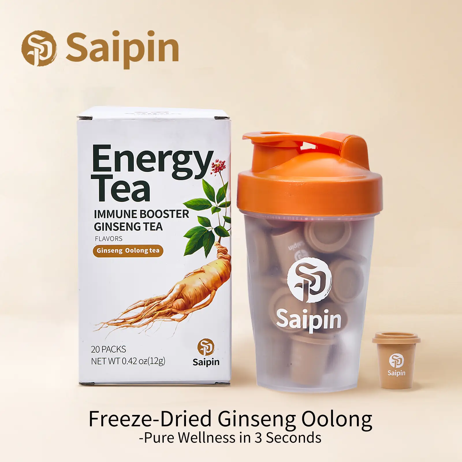 SAIPIN Herbal Ginseng Vitality Tea - Energy & Stamina Support Vegan Non-GMO Caffeine-Free Freeze-Dried Natural Drink for Post-Workout Recovery Strengt