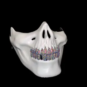 White Half Skull Mask With Blinged Out Crystal AB Iridescent Grillz
