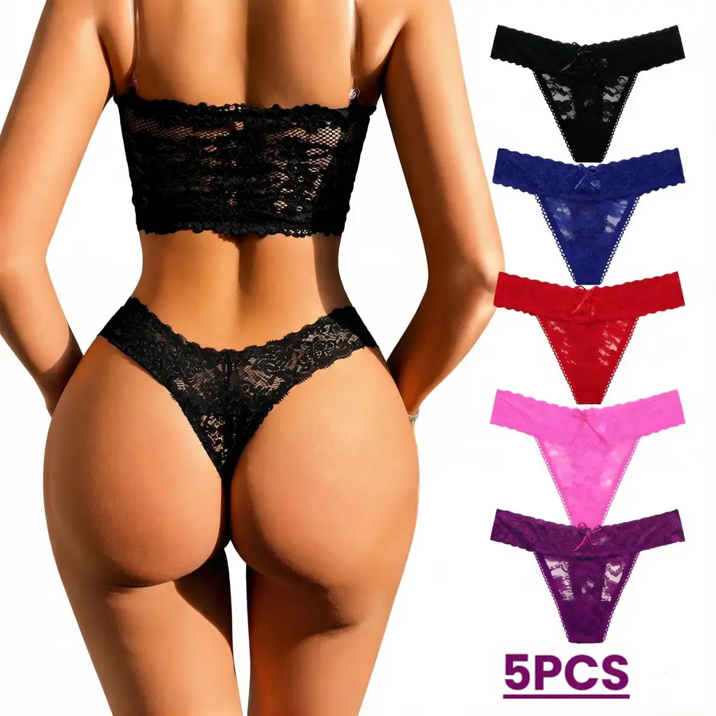 Women's 5-Pack Floral Lace Thongs, Low Rise T-Back Seamless Underwear, Soft Breathable Nylon Panties for Everyday Wear Womenswear Stretchy