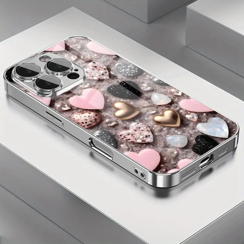 Electroplated Glass iPhone Casing - High-End Light Luxury Fashion Accessory, Full-Screen Heart Pattern, Silver Protective Cover for iPhone 11-17 Pro Max Mobile Devices, Protector