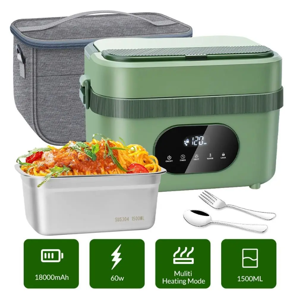 【BackToSchool】Cordless Electric Lunch Box 1.5L Self-Heating Food Warmer, 60W Battery Powered with 18000mAh Rechargeable Battery, Adjustable Temperature, Timer, and Carry Bag – Portable Heated Lunch Box