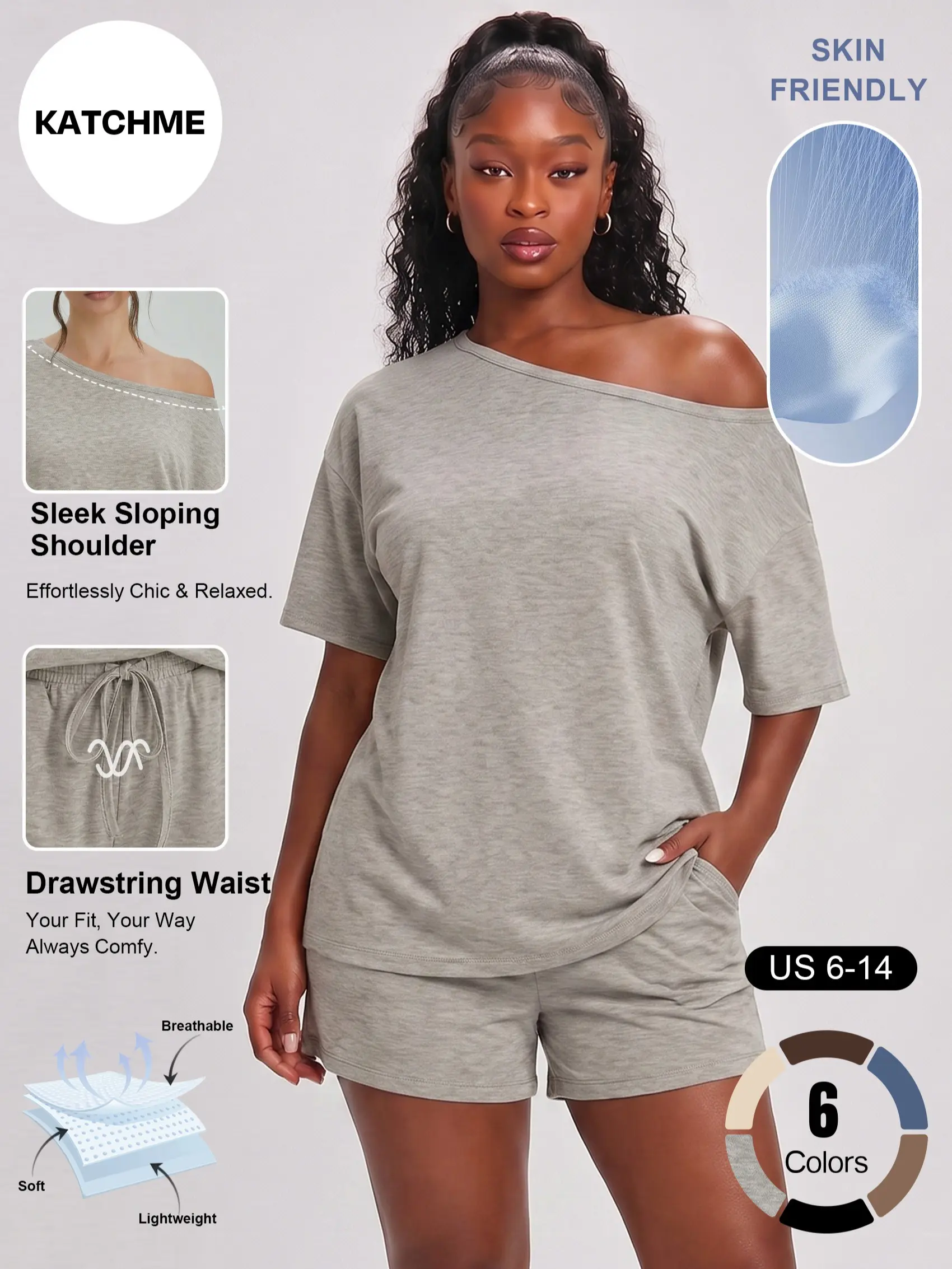 Katch Me Chic Women's Casual Solid Color Sloping Shoulder Short Sleeve Top & Shorts Co-ord, Breathable Skin-Friendly Loose Two Piece Sets, Durable Anti-Pilling Daily Outfit