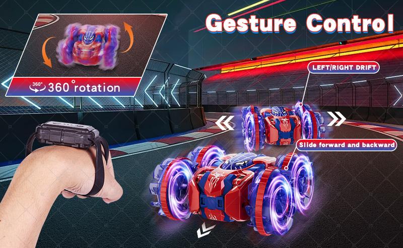 Fygurso Remote Control Car RC Cars with Sides Light Strip and Headlights Double Sided 360 Flips Rotating RC Stunt Car,2.4Ghz All Terrain Toys for Kids Toy for Boys Girls Birthday Gift(Blue)