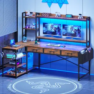 SEDETA 55 Inch Reversible L Shaped Gaming Desk Corner Computer Desk with LED Lights Power Outlets Hutch Drawers and Storage Shelves