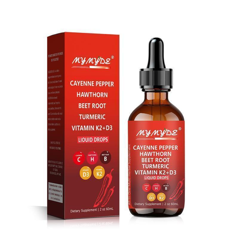 Cayenne Pepper Supplement Liquid Drops + Hawthorn Berry, Vitamin D3 K2 Organic Beet Root Powder, Ceylon Cinnamon, Turmeric Curcumin, Panax Ginseng Healthcare Dietary Edible