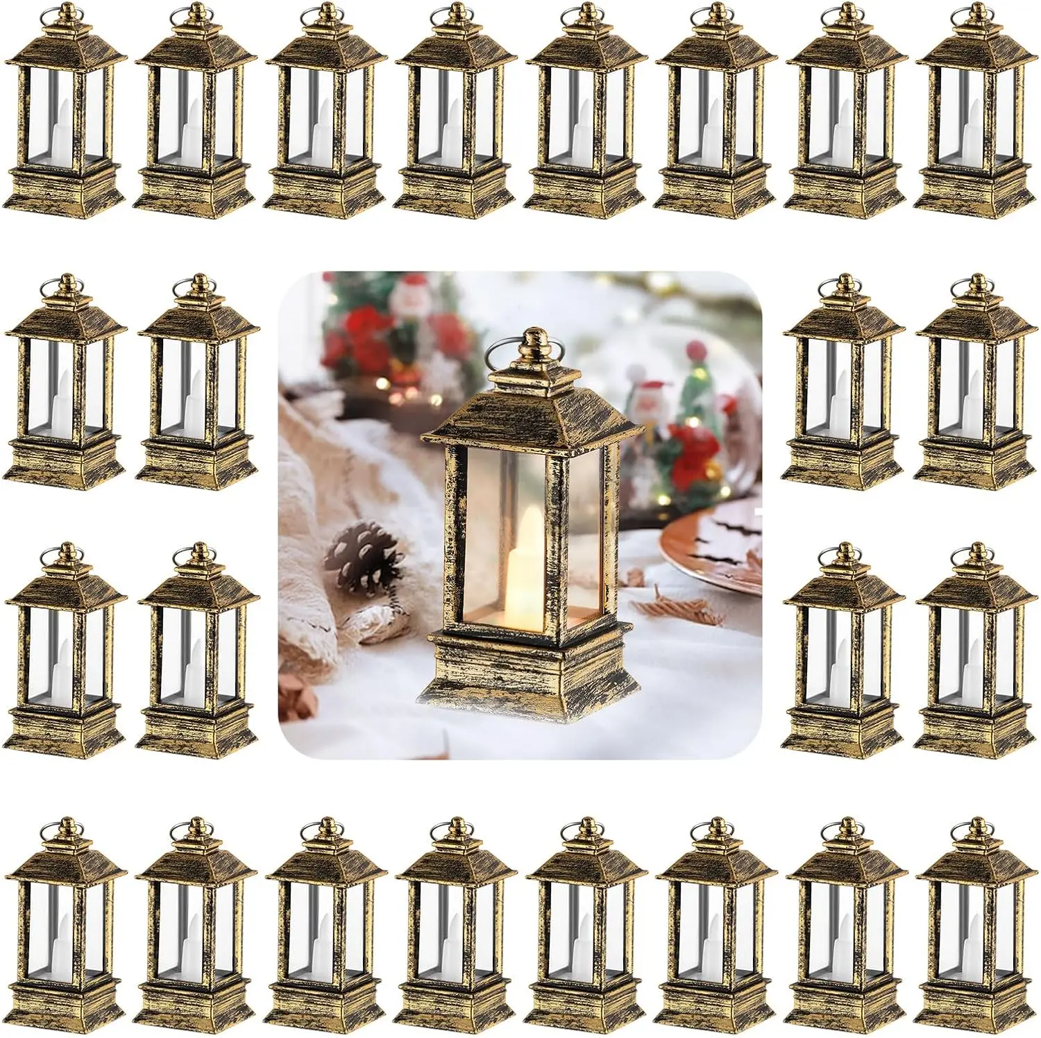 24 Pcs Brass Mini Decorative Indoor Lanterns with Small Battery-Powered LED Lights, Bulk for Wedding Table Centerpieces & Christmas Decoration