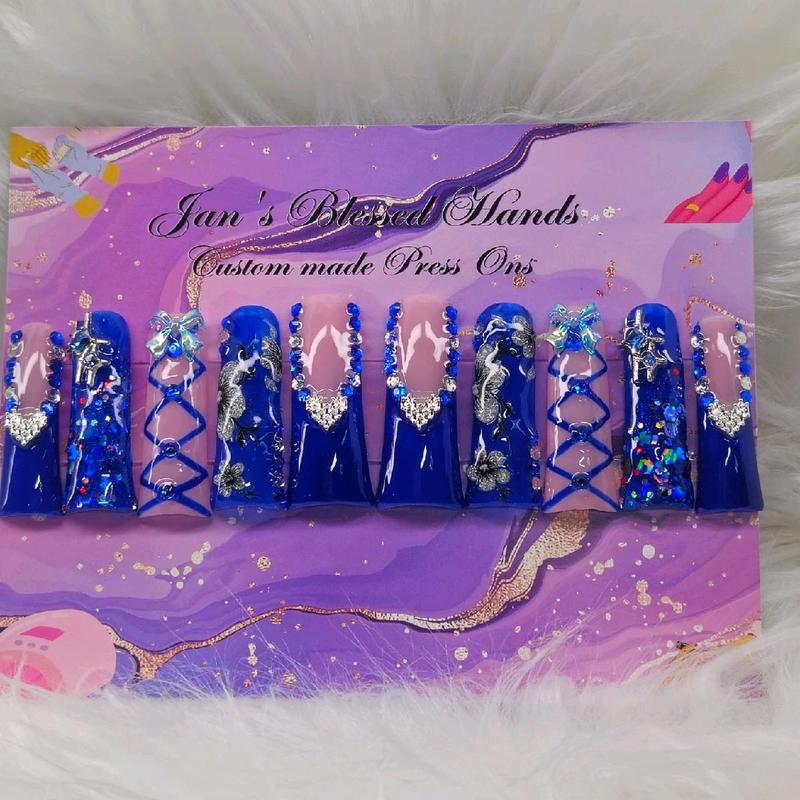 Jan's Custom Made Press On Nails - XL Pink and Blue Valentines Day Duckie Press On set