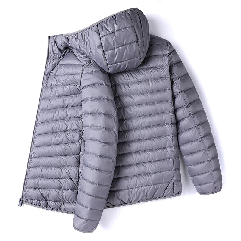 Men's Solid Color Hooded Lightweight White Duck Down Jacket, Full Zip Casual Windproof Warm Coat, Suitable for Autumn and Winter Casual Outdoor Wear