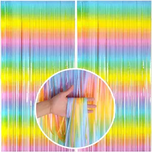 Pastel Rainbow Foil Fringe Curtain Streamers Party Backdrop Foil Fringe Backdrop Curtains Tinsel Streamers for Birthday Party Easter Decorations