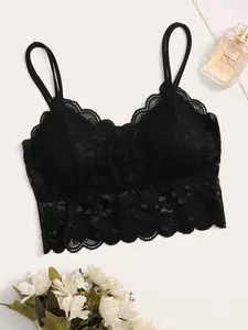 Women's Romantic French Black Lace Scallop Bralette Lingerie Bra With Medium Stretch Fabric Adjustable Straps Non Removable Padding - Womenswear