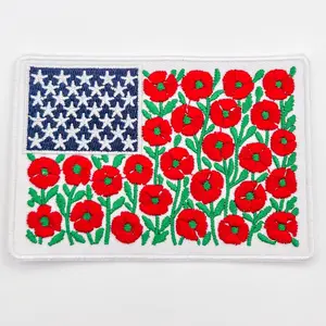Floral American Flag Embroidered Patch – Red Poppy Patriotic Patch for Hat Bars & Boutiques