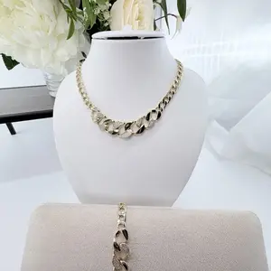 (C59) 14K Gold Plated Elegant Circle Chain with Rhinestone Necklace and Bracelet Set for Women Fashion Jewelry