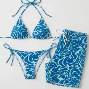 Blue Abstract Wave Matching Swimwear Set – Triangle Bikini & Board Shorts, Couple Tropical Beach Vacation Outfit, Ocean Blue Swim Set