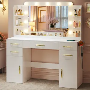 Large Makeup Vanity Desk with Lights, 50" Wide Vanity Table with Mirror & 3 Lighting Modes, Built-in Power Outlet, 5 Drawers & 2 Cabinets, Spacious 23.6" Legroom, White