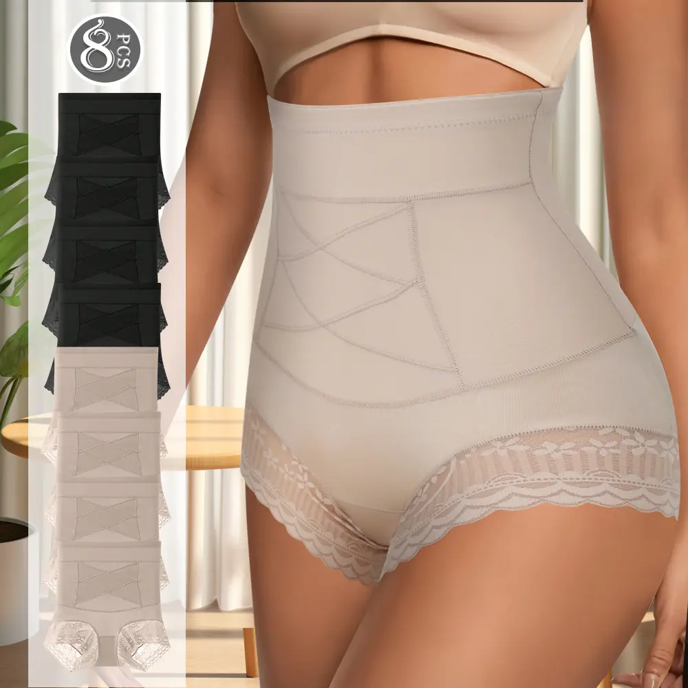 QUASTI Women's 8-Pack High Waist Cross Design Panties, Compression Lightweight Fabric, Ultra Breathable Soft Solid Color Elegant Lace-Edged Tummy Control Postpartum Hip Lifting Minimalist Boyshorts for Dailywear, S-XXL
