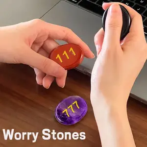 1PC Numeral Thumb Worry Stone for Anxiety, Chakra Crystals including Quartz, Amethyst, Tiger Eye for Meditation