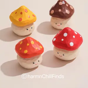 Hand-Carved Wooden Mushroom Figurines - Yellow, Brown, Orange, and Red Cute Home Decor Sculptures