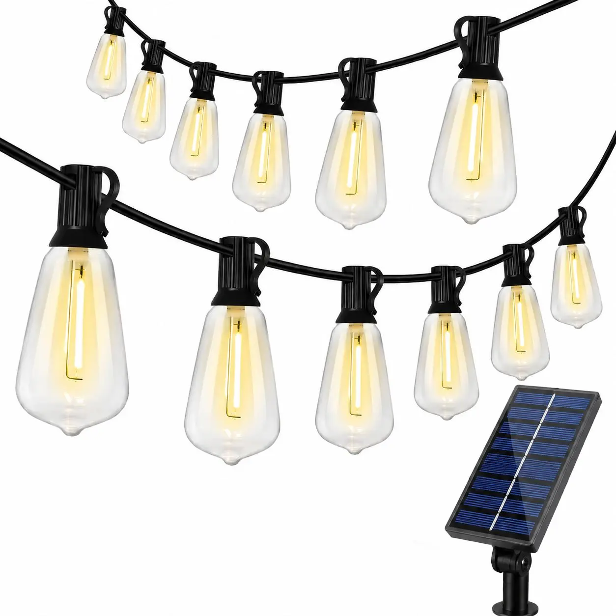 The solar LED outdoor light string is equipped with Edisonshatterproof bulbs, IP44 waterproof, and has 8 adjustabledimming modes. It is an outdoor hanging light suitablefor courtyard, porch, garden, party, and Halloweendecoration