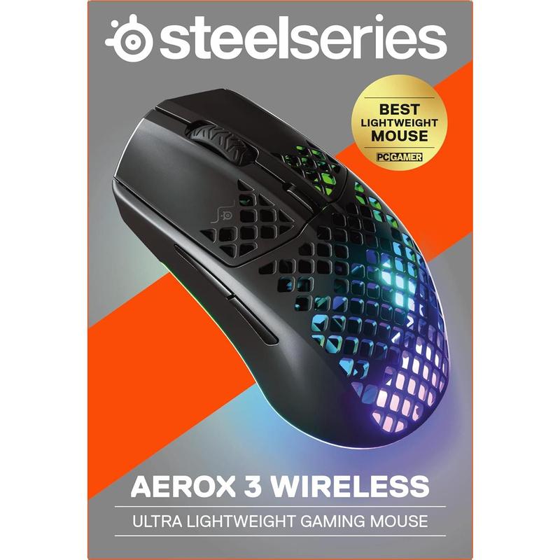 SteelSeries Aerox 3 Wireless - Holey RGB Gaming Mouse - Ultra-lightweight Water Resistant Design - 18K DPI TrueMove Air Optical Sensor- Onyx