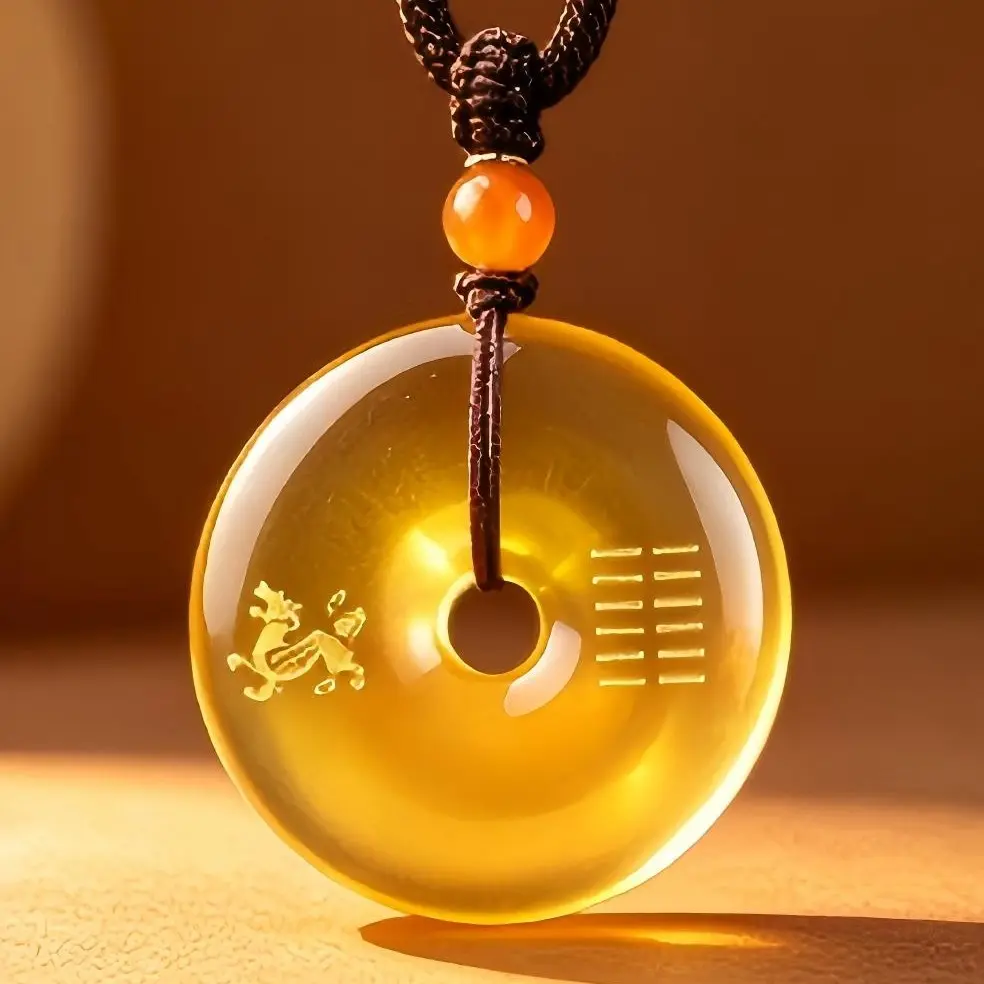 Natural Round Engraved Yellow Agate Lucky Pendant - Pendant Design DIY Beading & Jewelry Making Component, Necklace-Compatible Accessory for Protection, Spirituality