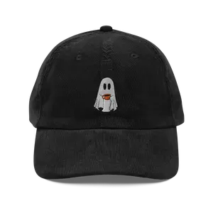 Ghost with Coffee Corduroy Hat | Cute Funny Halloween Hat | Coffee Lover Fall and Autumn Boo Basket Gift for Her