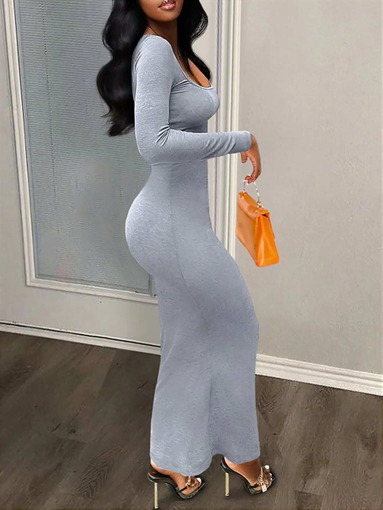 ASANDY Women's Elegant Slim Fitted Sheath Gray Square Neck Longsleeve Knit Bodycon Maxi Casual Dress - Soft Stretchy Polyester Fabric, Machine Washable, for Spring & Fall Evening Parties, Size M
