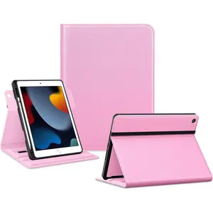 for iPad 9th/8th/7th generation 10.2-inch smart case, with pen slot, 360-degree rotating stand, hand strap, and closure strap - Pink