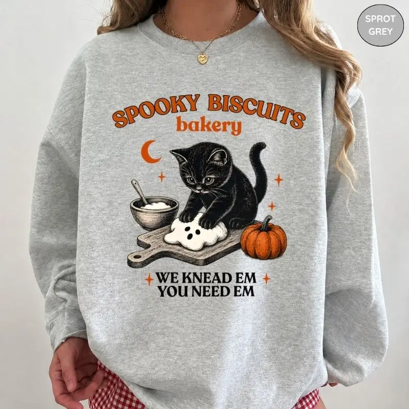 Kitty Biscuits Sweatshirt, Spooky Season Black Cat Halloween Crewneck, Vintage Baking Pumpkin Pullover, Cute Cat Lover Fall Sweatshirt Gift
