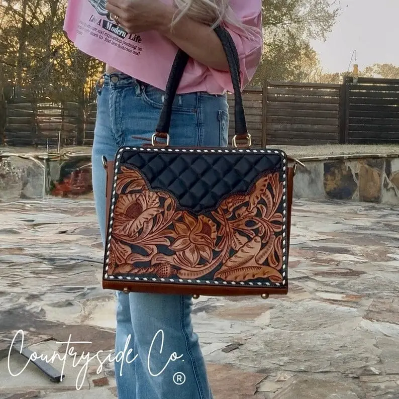 Genuine Leather Handbag for Women, Midnight Prairie Bloom Handcrafted Western Satchel with Tooled Floral Design, Multiple Pockets & Zipper Closure, Handcrafted Bag, Genuine Leather Handbags, Western Craft, Hand-Tooled And Hand-Painted Floral Leather Front