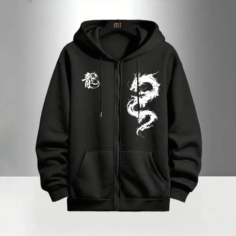Chinese Dragon Print Tracksuit for Men Zipper Hooded Sweatshirt and Black Sweatpants Urban Causal Fashion Hoodies Outerwear Sets