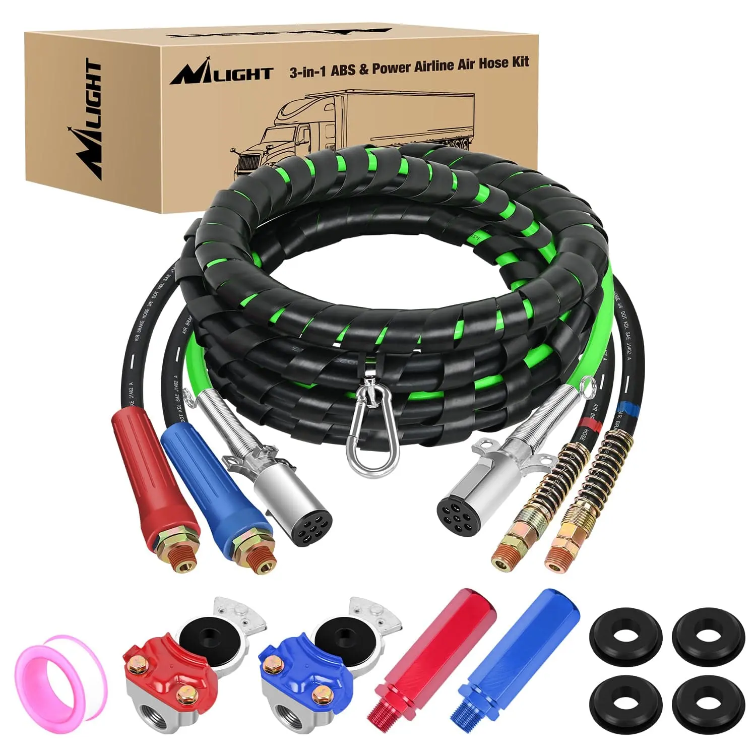 Nilight 12FT 3-in-1 ABS Electrical Cord & Rubber Air Line Hose Kit with Gladhand, Handles - Truck Accessories, Semi Truck Accessories
