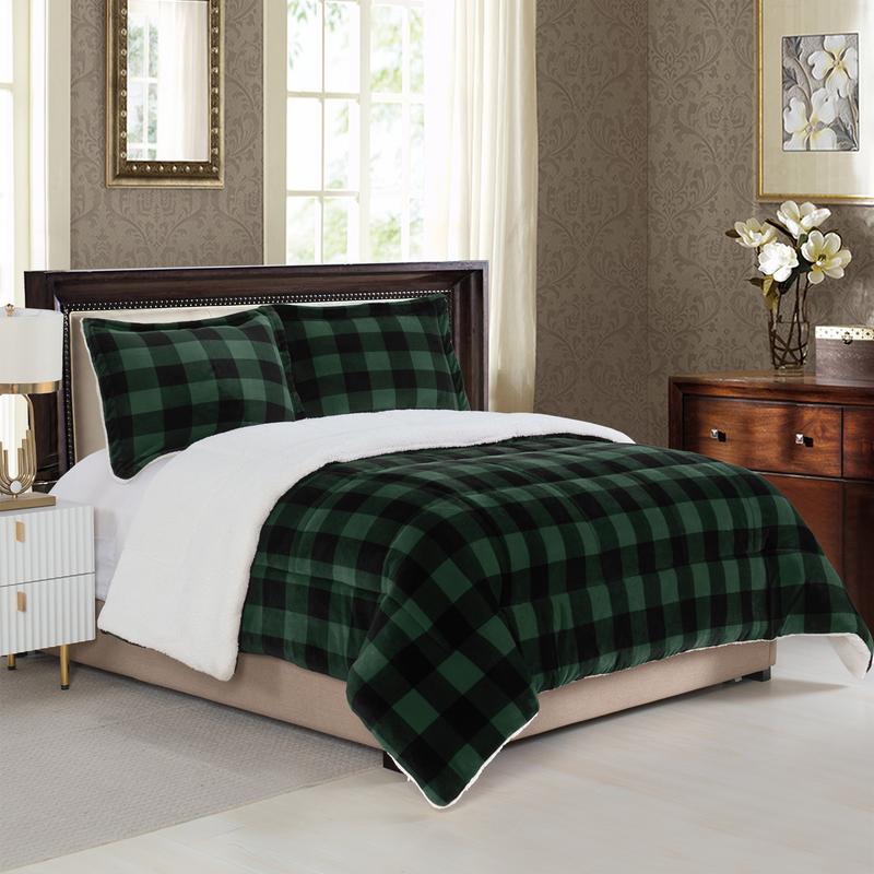 Elegant Comfort 3-Piece Buffalo Micro-Suede Reversible Sherpa - Lodge-Plaid Pattern Comforter Set